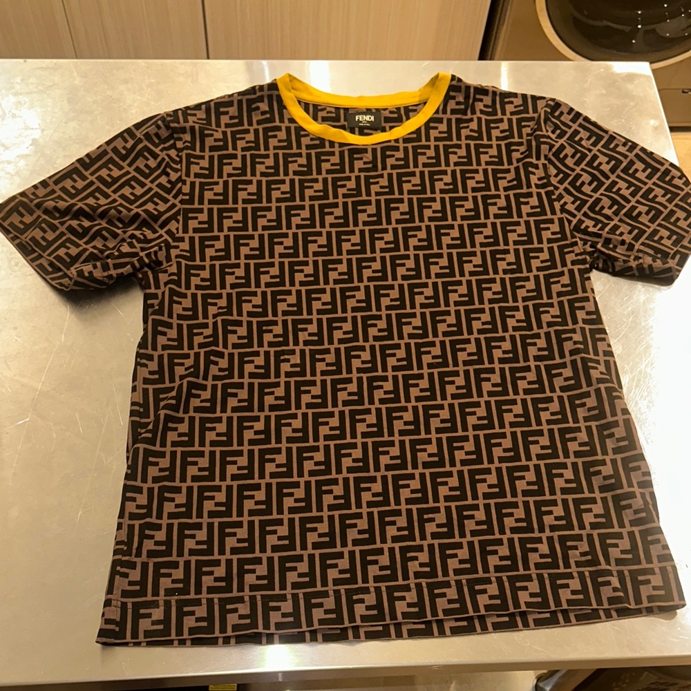 Fendi Logo Tee in Brown and Black with Yellow Accent Worn 3x Dry cleaned 2x